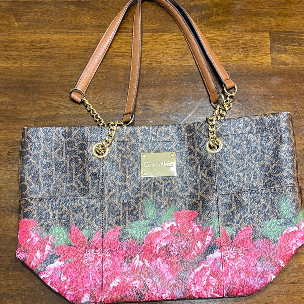 Calvin Klein Brown and Pink Floral Tote